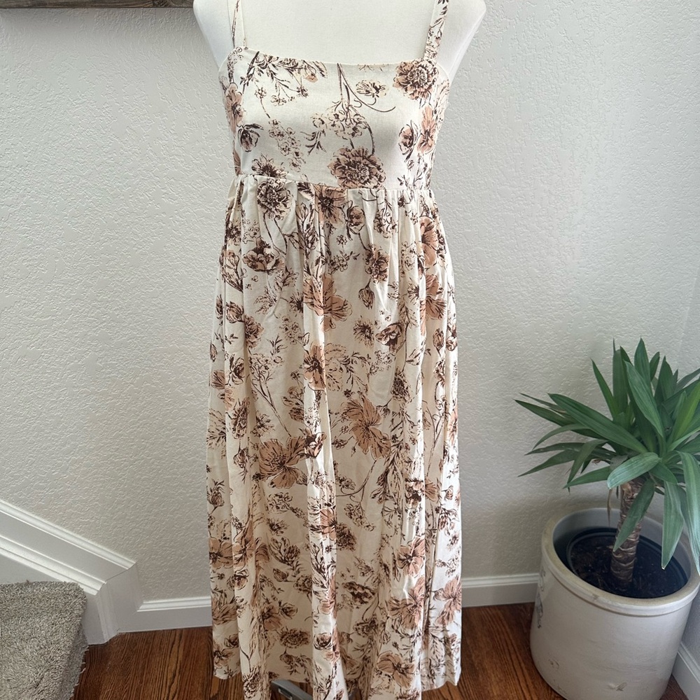 Carly Jean Emilia Floral Cream and‎ Brown Maxi Sundress linen Summer Dress Small
